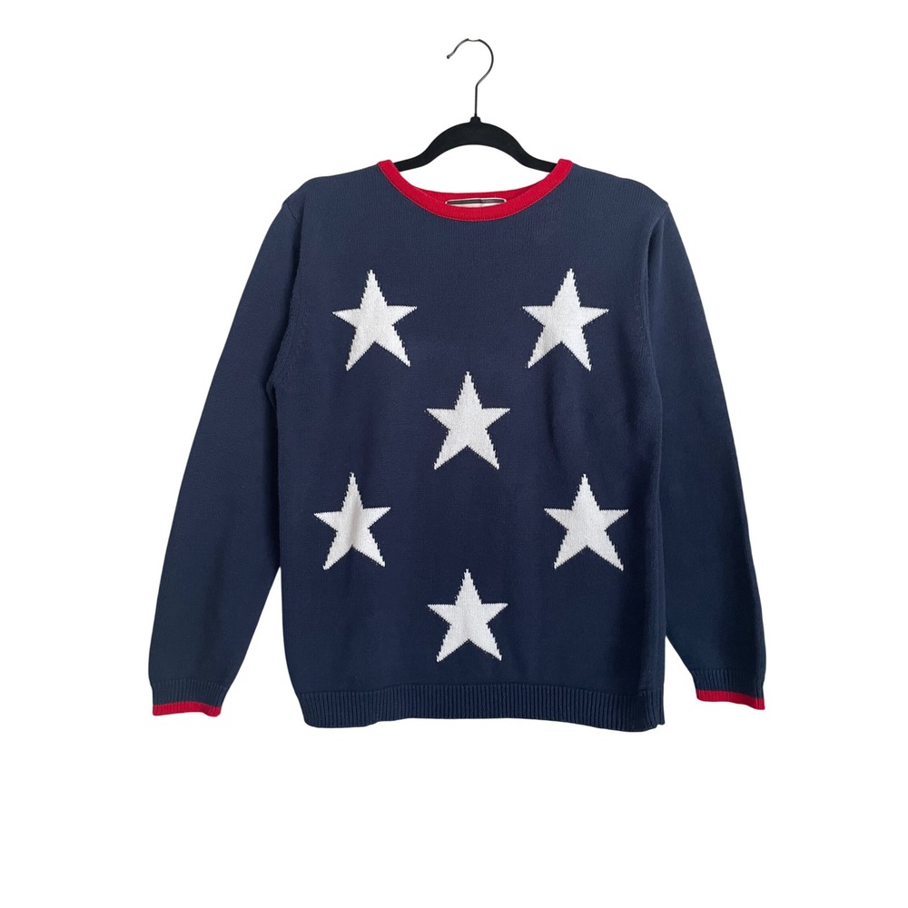 Vintage Red Blue White Cotton Star Knit Sweater Medium Heritage Americana Preppy